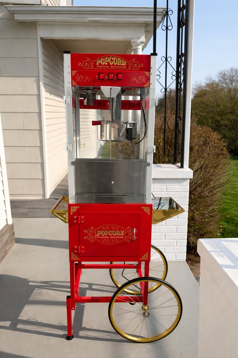 Vintage-style red popcorn machine on a wheeled cart with gold accents, located on a driveway.