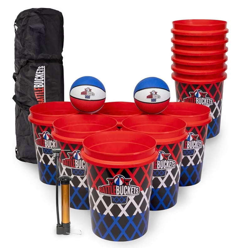 Cornhole game set with red and blue buckets, two basketballs, carrying case, and wooden pieces