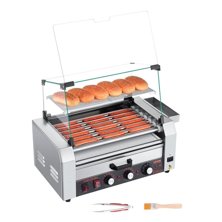 Commercial hot dog roller grill with glass sneeze guard, heated rollers, buns warming shelf, and grilling accessories