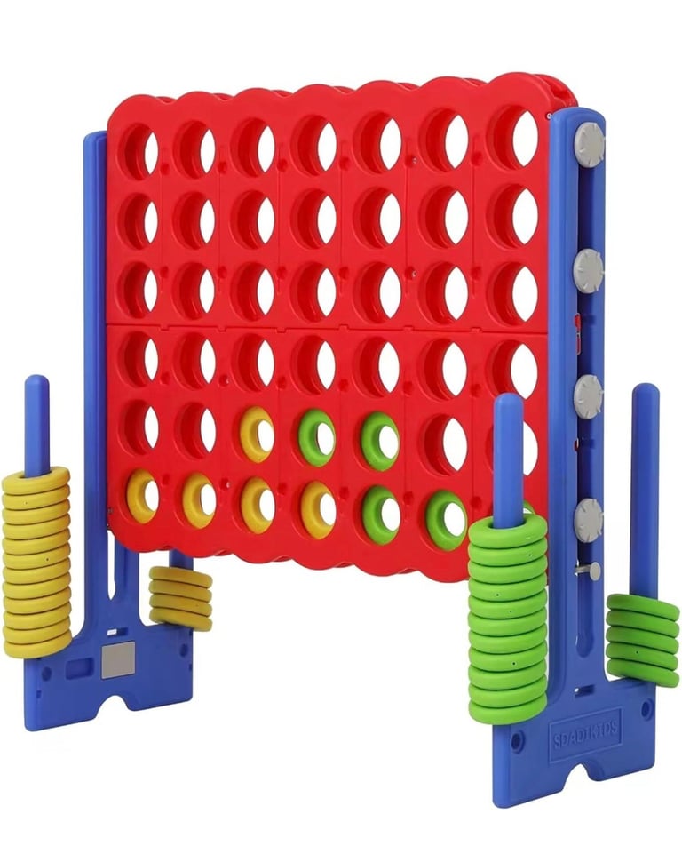 Red and blue Connect Four game with yellow and green game pieces in rows and columns