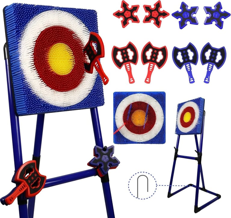 Dart game toy set with blue frame board, red and yellow target, foam darts, axes, and stars in various sizes