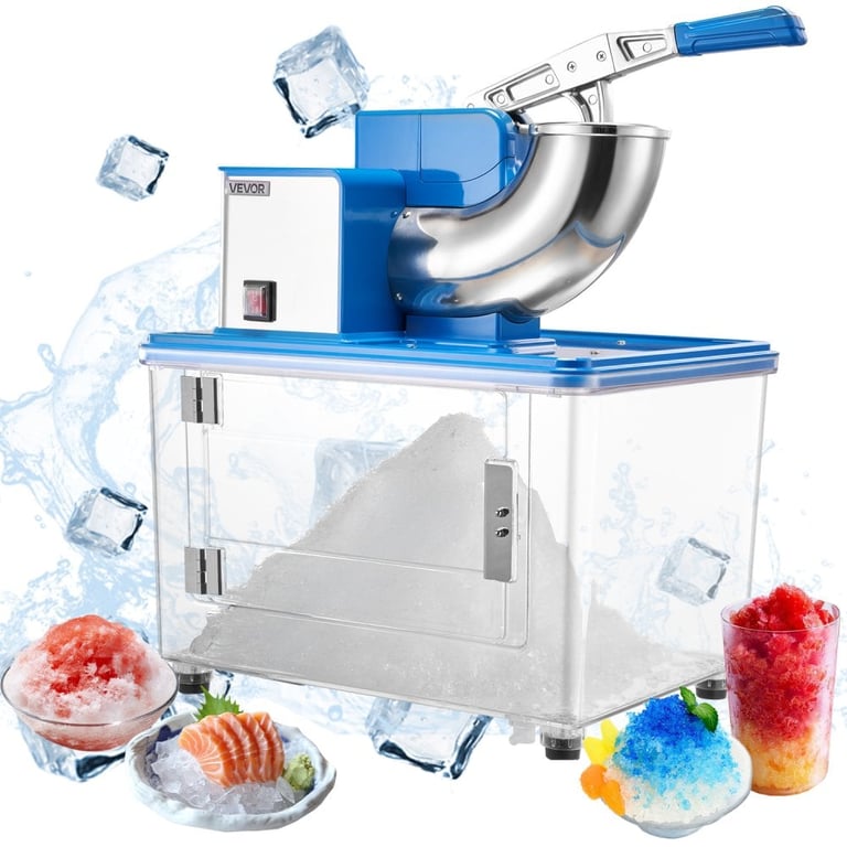 Blue and silver electric snow cone maker with ice cubes and colorful shaved ice cups displayed around it