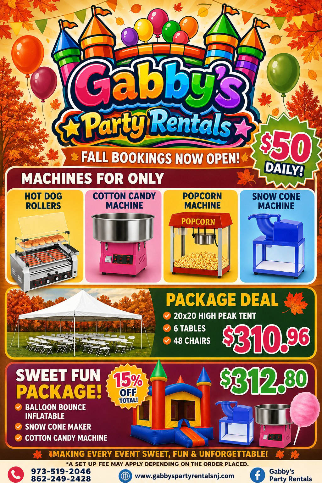 Gabbys Party Rentals fall promotional flyer featuring party machines, package deals, and rental pricing with balloon and autumn decorations