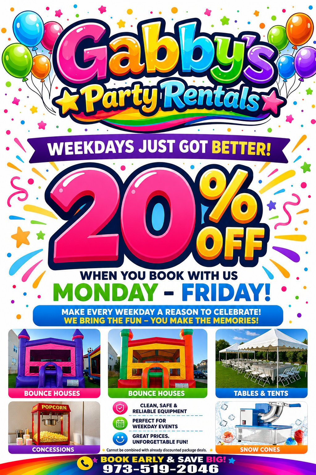 Gabbys Party Rentals colorful promotional flyer advertising 20% off weekday bookings for bounce houses, tables, tents, and concessions