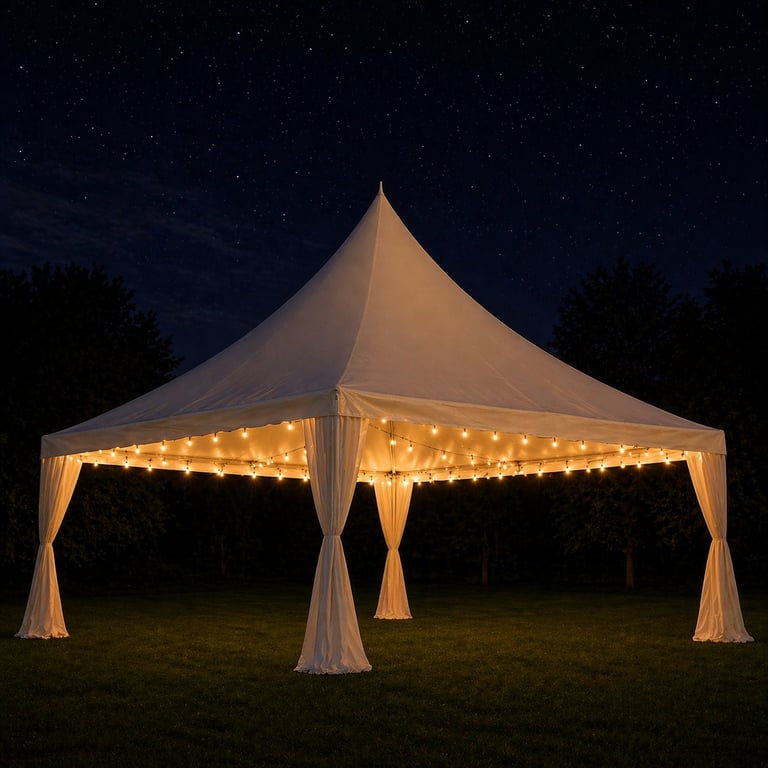 Illuminated white tent with peaked roof and string lights at night, set up on grass with trees in background